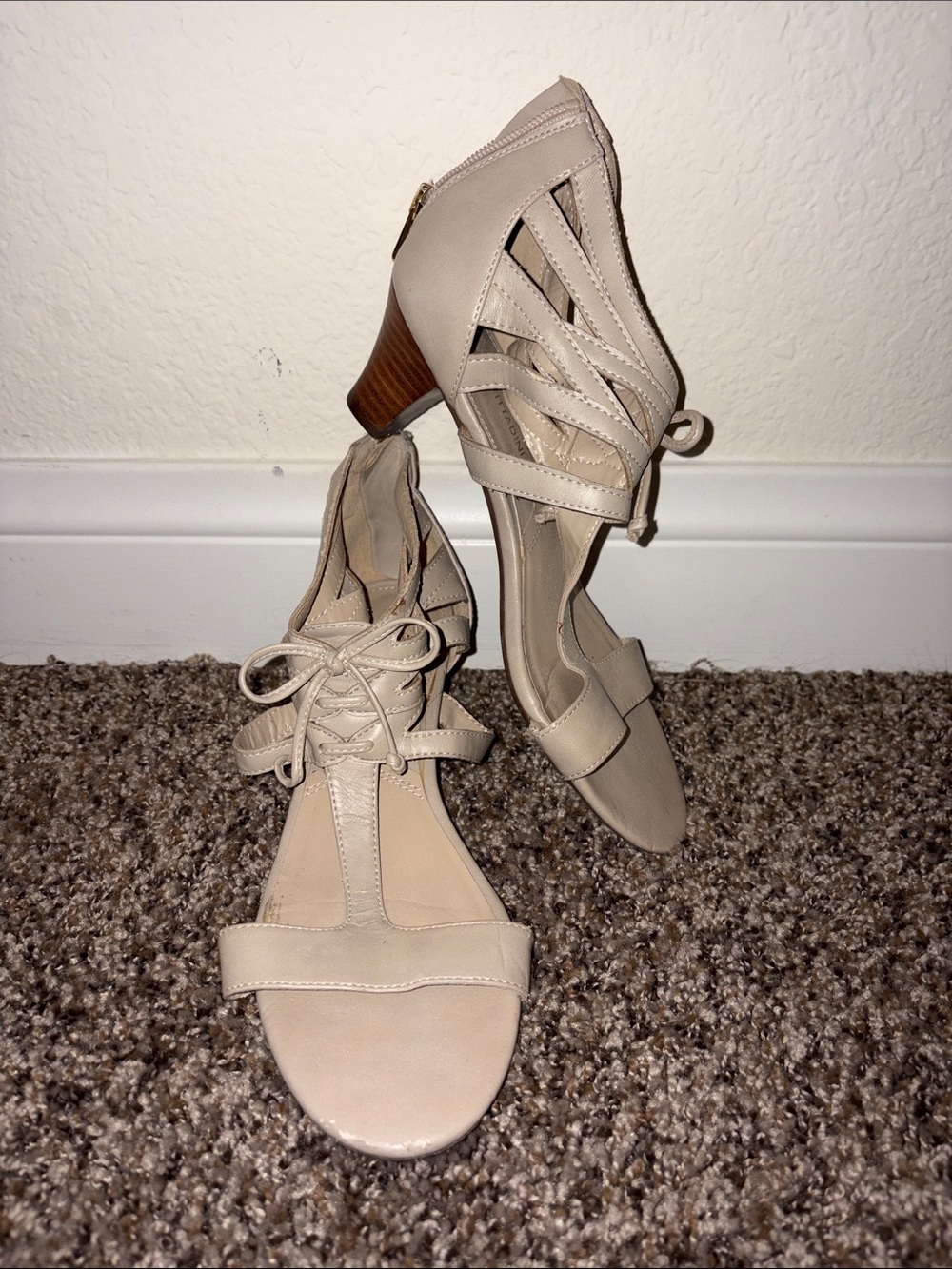 Lace-Up Peep-Toe Heels in Cream with Wood-Effect Heel